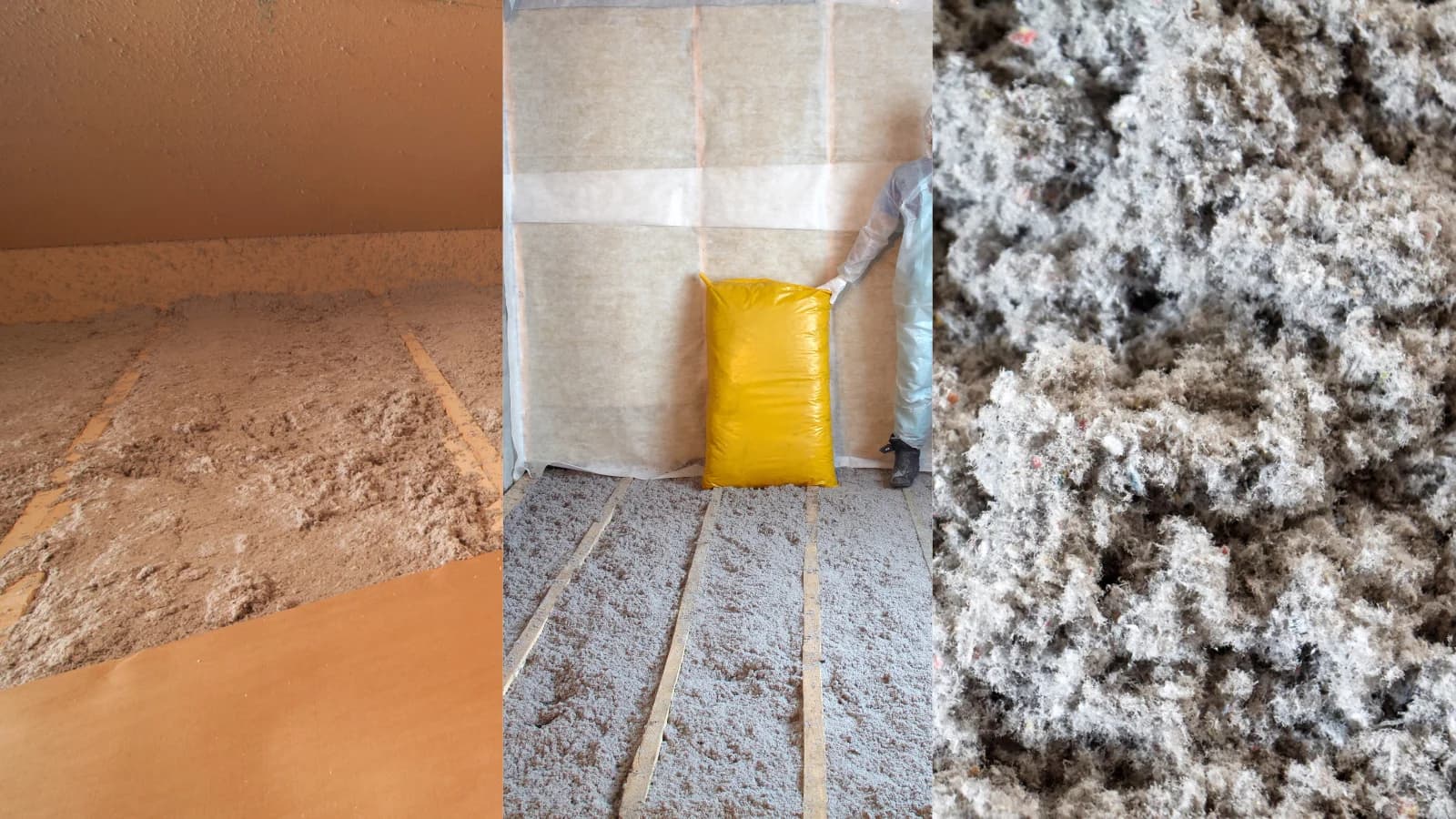 Blown-in cellulose insulation covering an attic floor