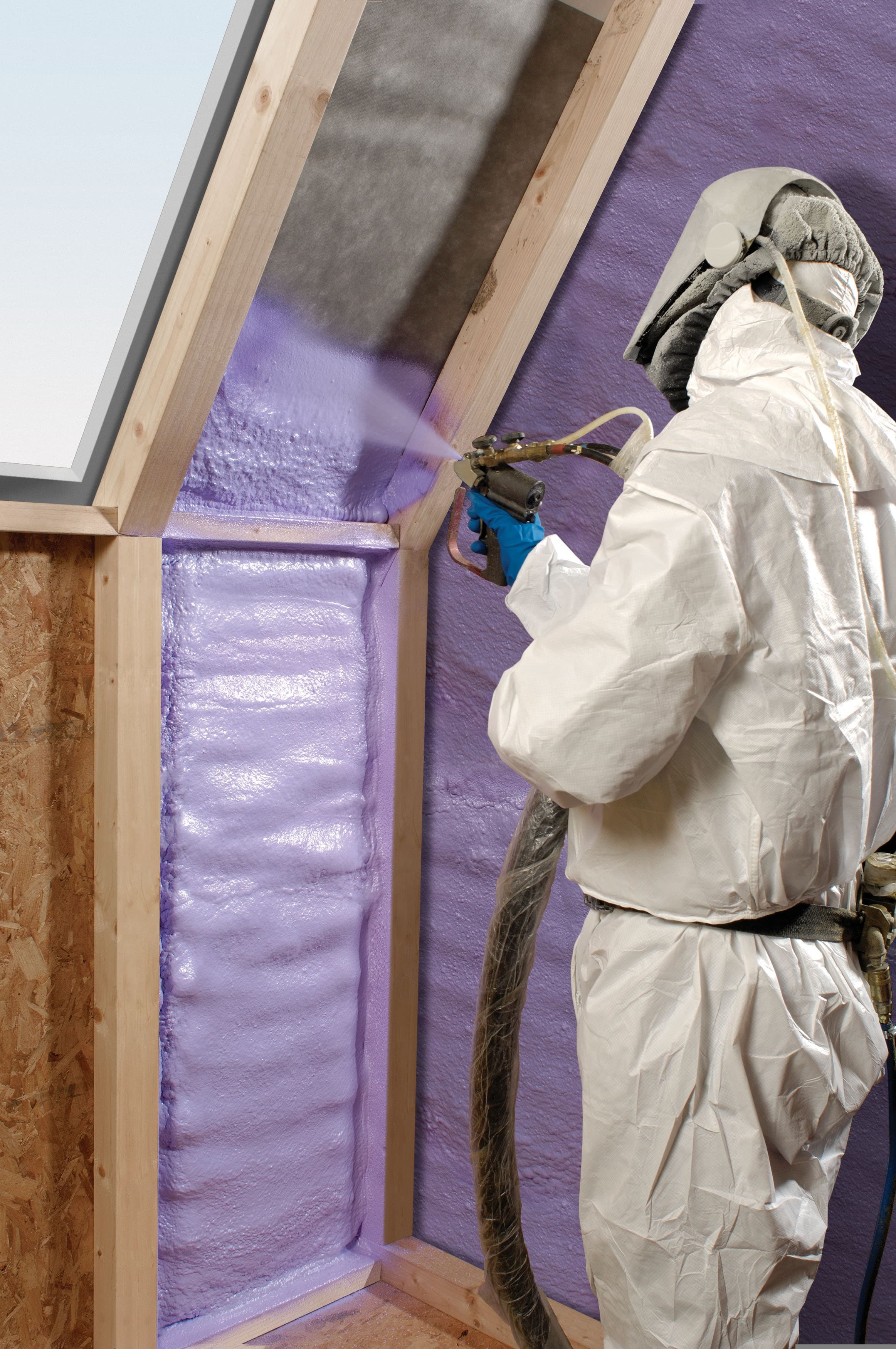 Spray foam insulation applied in a residential assembly