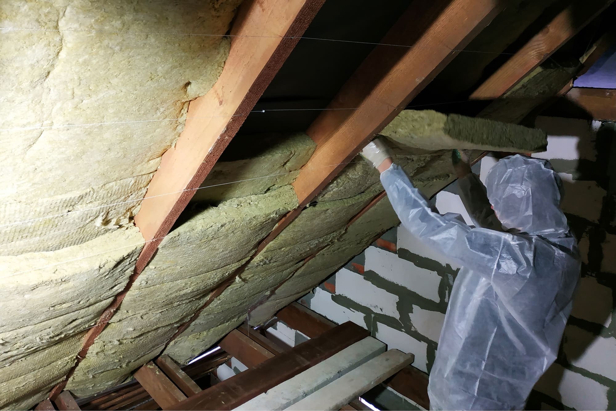 Cellulose insulation blown into a residential attic